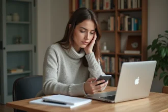 Femme en intérieur vérifiant son smartphone dans un cadre cosy