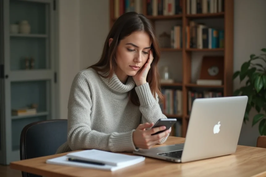 Femme en intérieur vérifiant son smartphone dans un cadre cosy