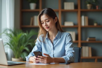 Jeune femme au bureau utilisant son smartphone