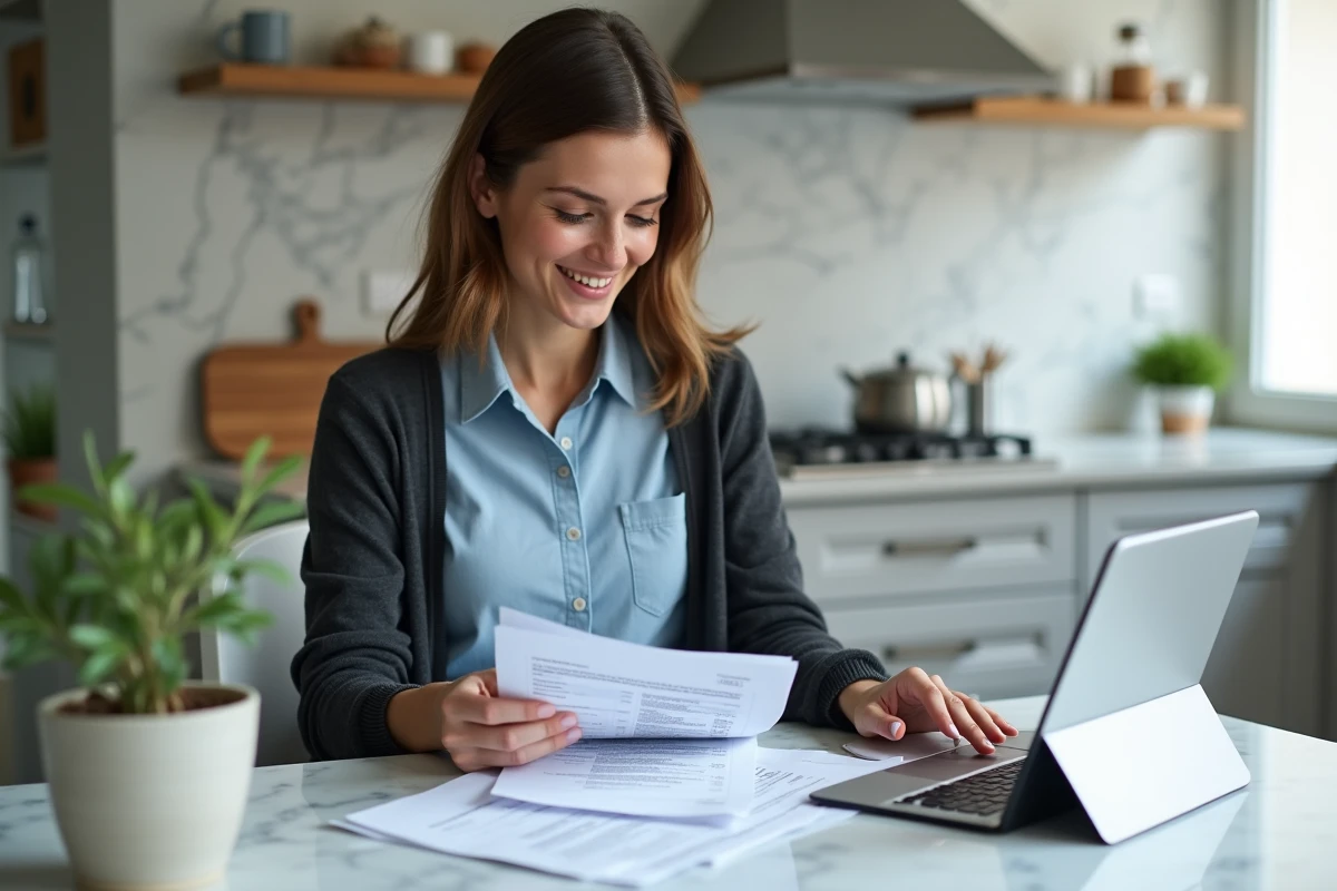 Jeune femme souriante triant ses documents fiscaux dans une cuisine lumineuse