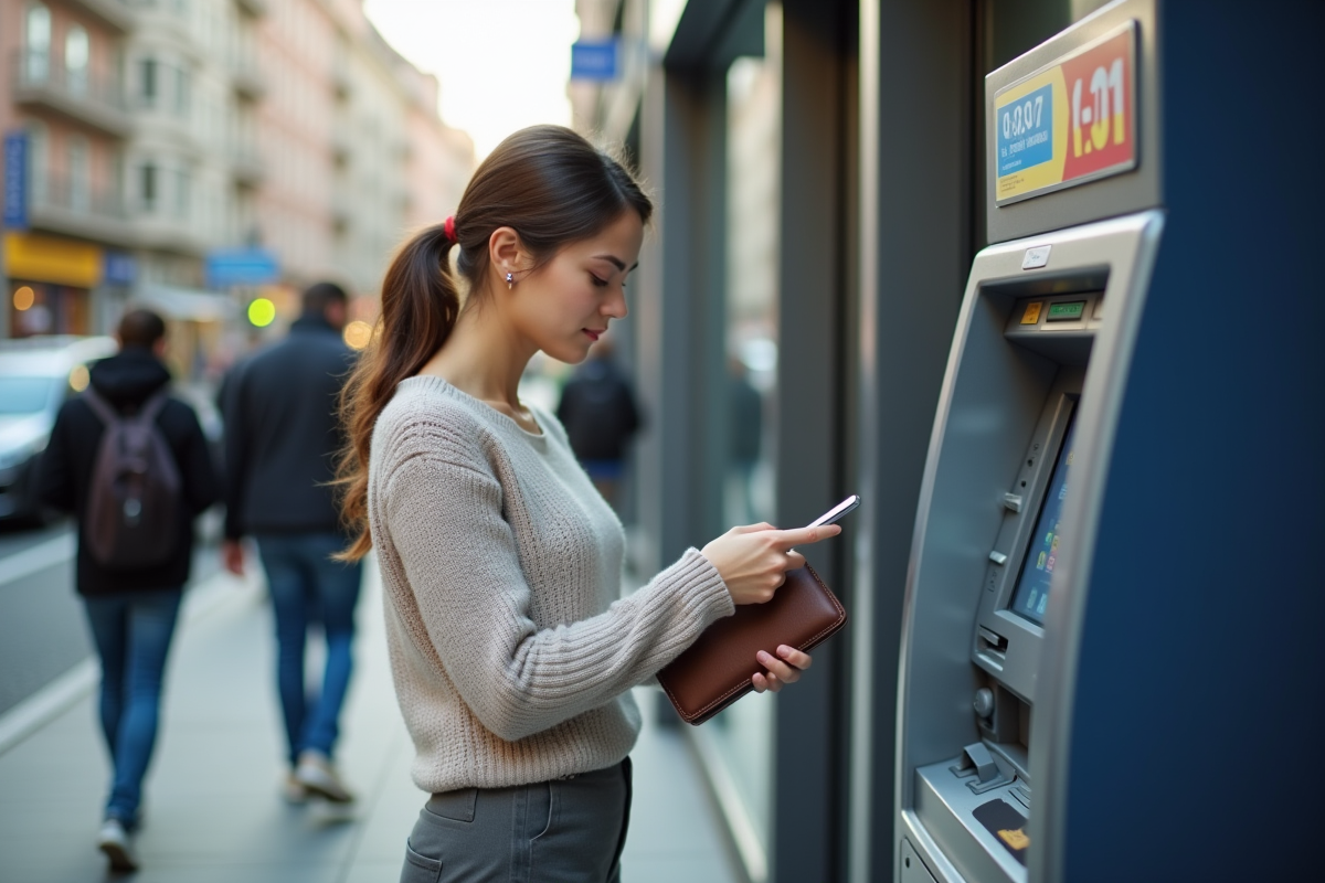 Femme utilisant un distributeur automatique de crypto