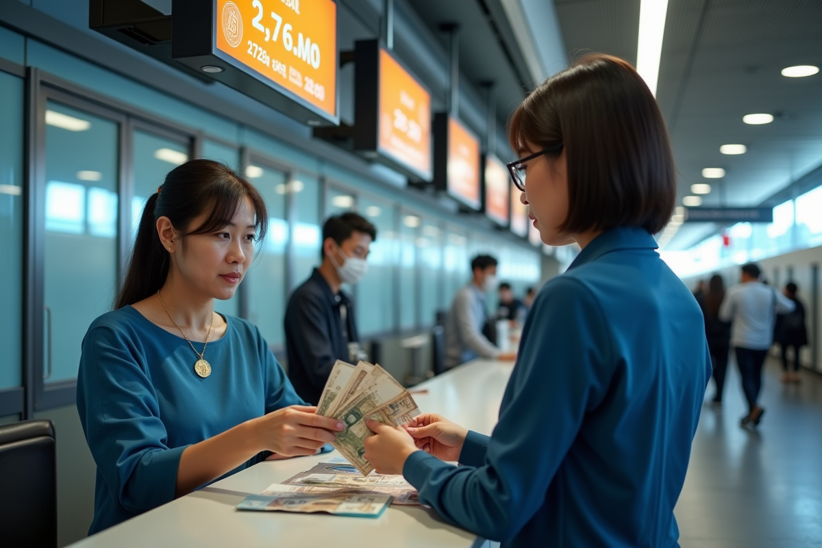 Femme achetant des bitcoins dans une station de métro asiatique