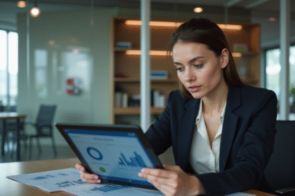 Femme d affaires analysant des données sur une tablette