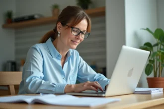 Femme d'âge moyen travaillant sur son ordinateur dans la cuisine