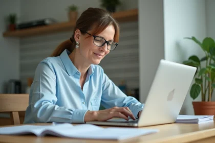 Femme d'âge moyen travaillant sur son ordinateur dans la cuisine