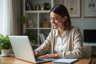Femme en bureau moderne travaillant sur un ordinateur portable