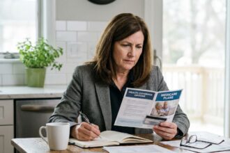Femme d'âge moyen étudie brochures d'assurance santé