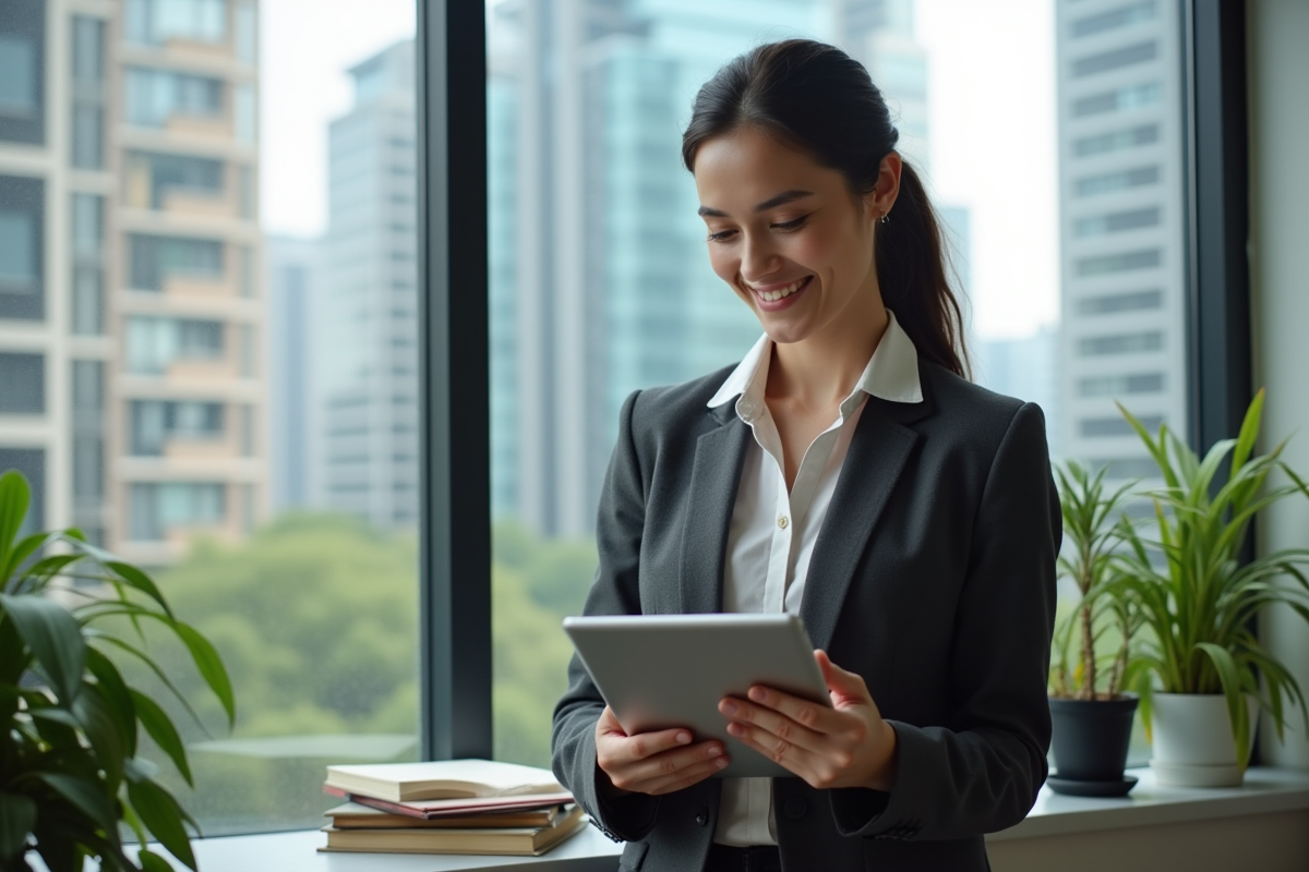 Jeune femme souriante vérifiant ses graphiques d