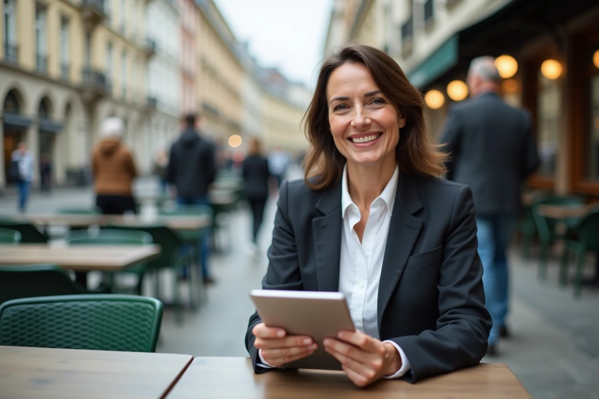 Femme souriante utilisant une tablette en extérieur