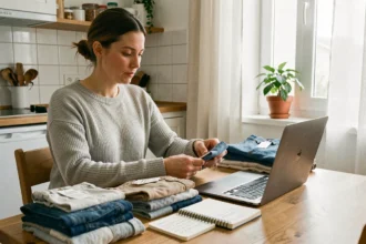 Femme triant des vêtements d'occasion sur une table en bois avec un ordinateur portable affichant un tableau de suivi des ventes Vinted