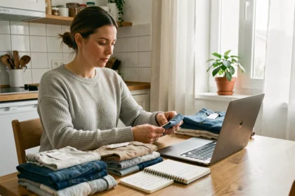 Femme triant des vêtements d'occasion sur une table en bois avec un ordinateur portable affichant un tableau de suivi des ventes Vinted