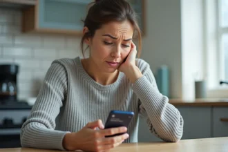 Femme perplexe vérifiant son application bancaire sur smartphone en attendant un virement CAF
