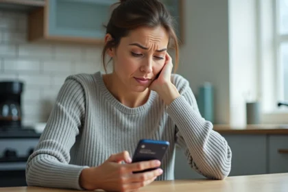 Femme perplexe vérifiant son application bancaire sur smartphone en attendant un virement CAF