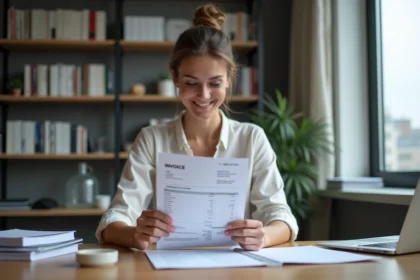 Femme souriante vérifiant une facture dans un bureau moderne
