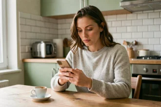 Femme consultant son smartphone pour vérifier l'arrivée d'un virement sur son compte Nickel
