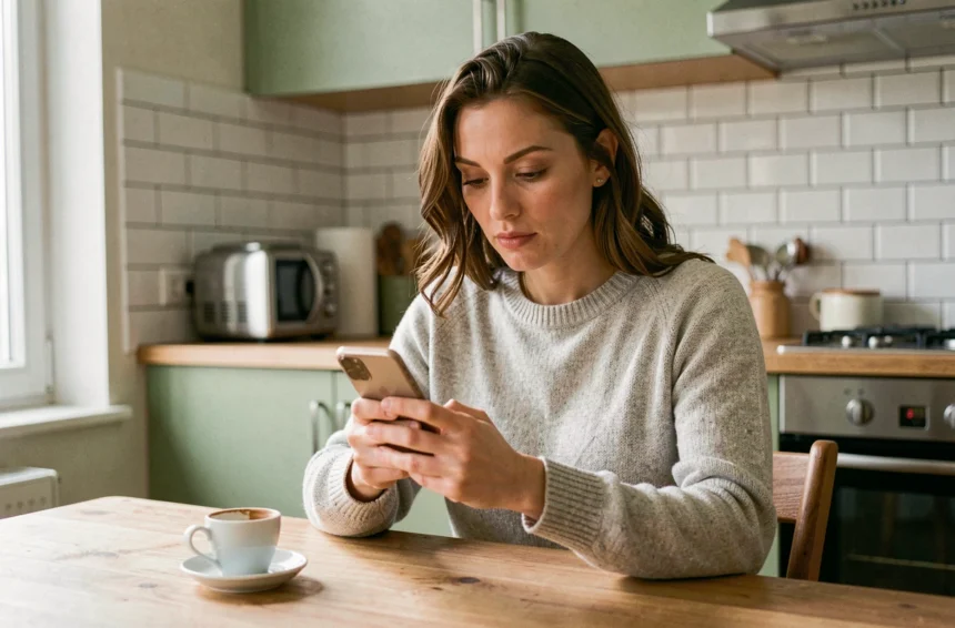 Femme consultant son smartphone pour vérifier l'arrivée d'un virement sur son compte Nickel