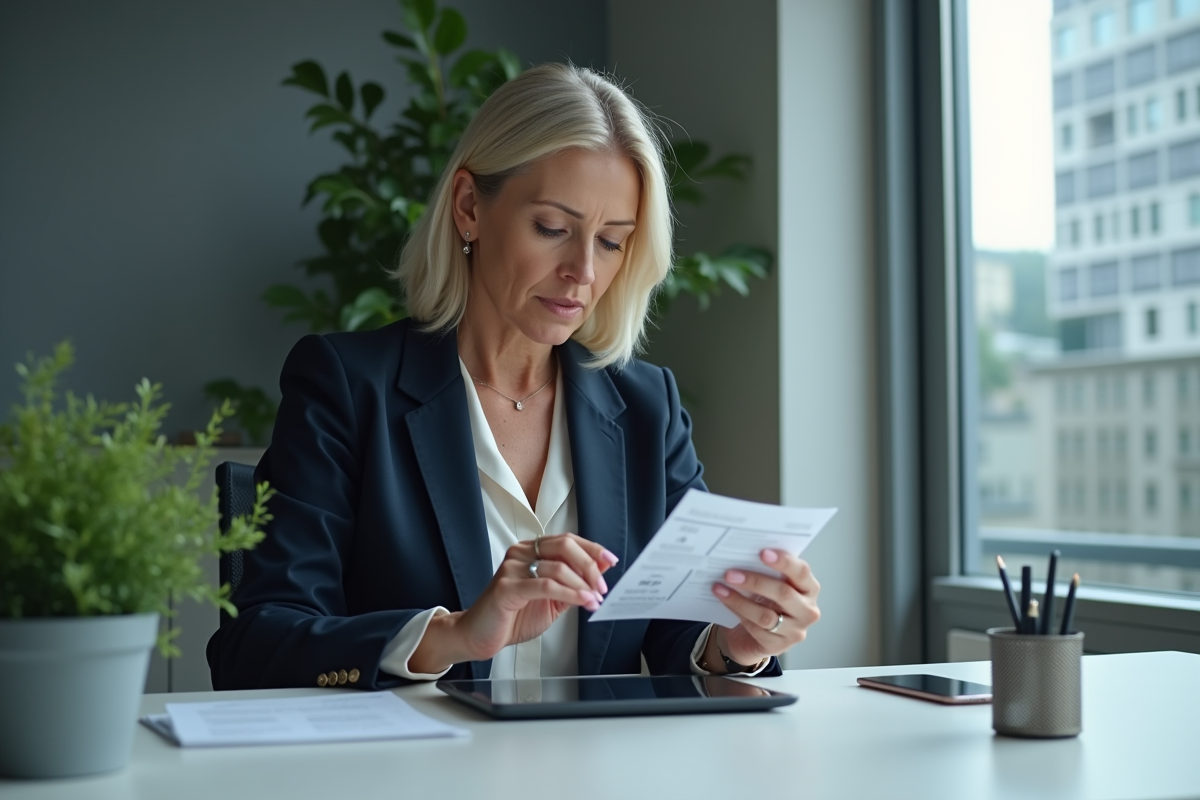 Femme d affaires vérifiant portefeuille papier dans bureau
