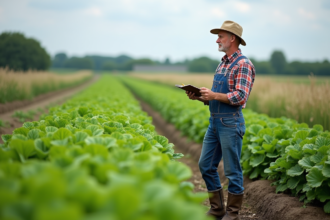 Homme fermier en salopette regardant ses légumes bio