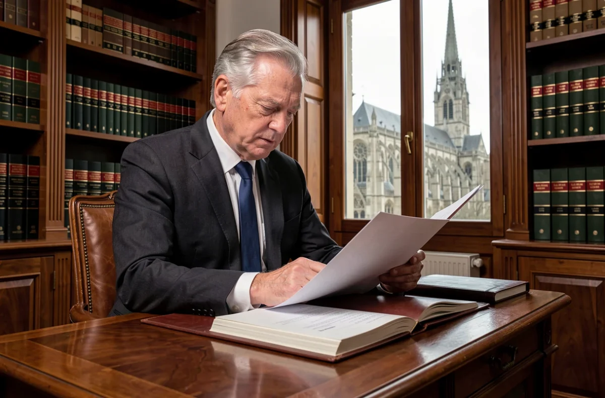 Expert-comptable senior de Fiducial Expertise Rouen examinant un rapport financier dans un bureau classique avec vue sur la cathédrale de Rouen
