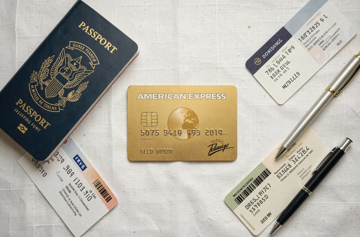 Flat-lay éditorial de la carte Amex Gold entourée de documents d'assurance et de voyage