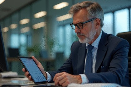 Homme fonctionnaire examinant une tablette avec données publiques