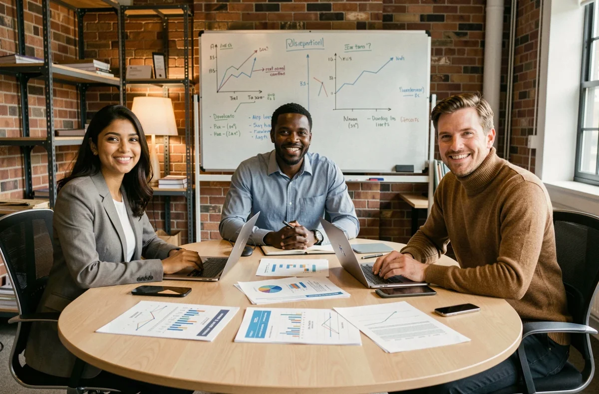 Groupe de fondateurs de startups fintech analysant des rapports de patrimoine comparatifs autour d'une table de conférence dans un espace de coworking moderne