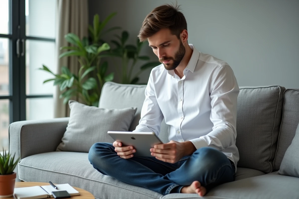 Freelance consultant utilisant une application sur tablette pour créer son profil sur une plateforme offshore française