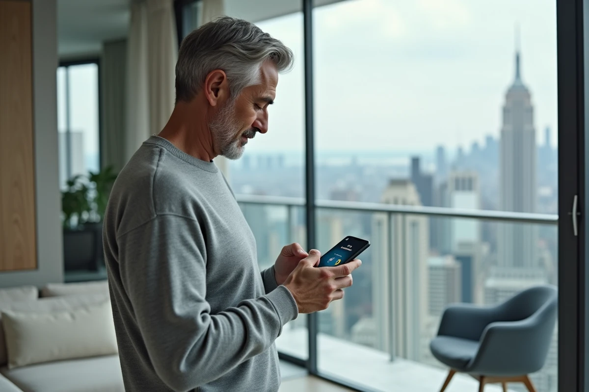 Homme gérant l'accès partagé à son compte BNP Banque Privée depuis une application mobile sécurisée dans un appartement moderne