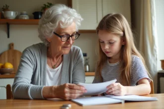 Grand-mère et petite-fille consultant un livret d'épargne autour d'une table en bois dans une cuisine familiale