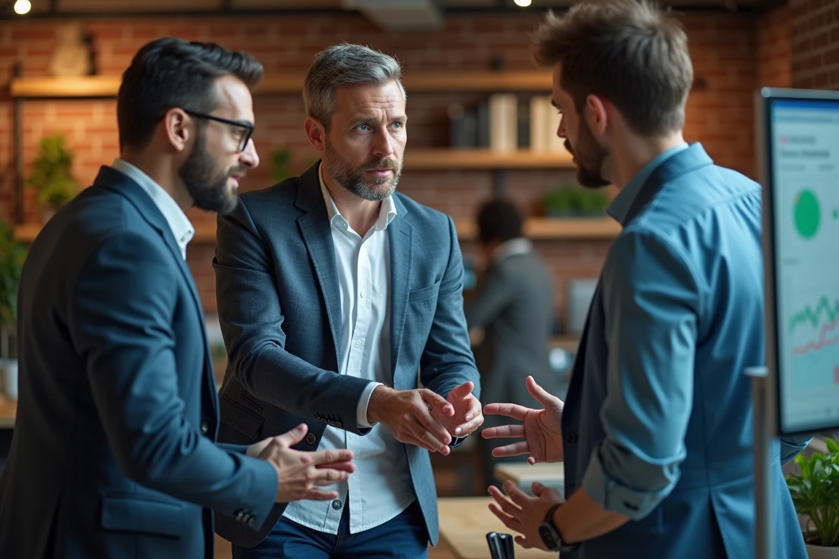 Groupe de jeunes professionnels discutant de stratégies d'investissement alternatif dans un espace de coworking moderne