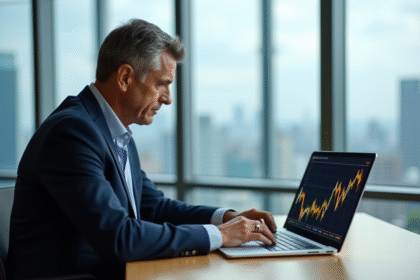 Homme d'affaires regardant un graphique Bitcoin sur son ordinateur