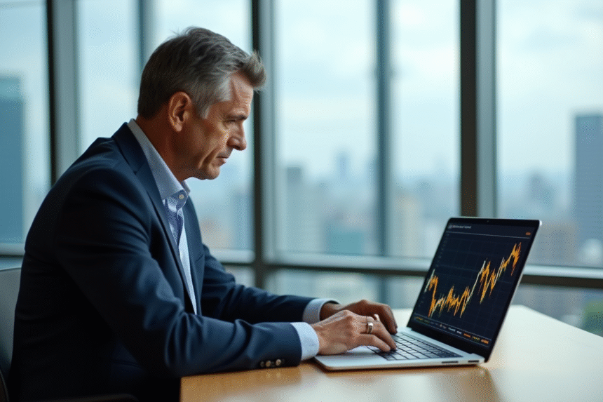 Homme d'affaires regardant un graphique Bitcoin sur son ordinateur