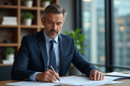 Homme d'affaires en costume bleu examinant des rapports financiers