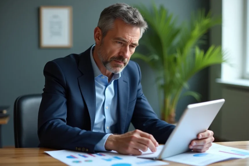 Homme d'affaires en costume bleu étudiant des rapports financiers