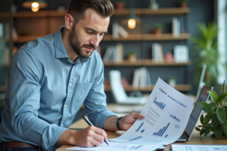 Homme d'affaires en bureau professionnel en train de revoir des rapports financiers