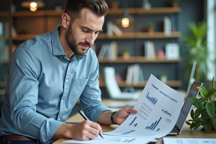 Homme d'affaires en bureau professionnel en train de revoir des rapports financiers