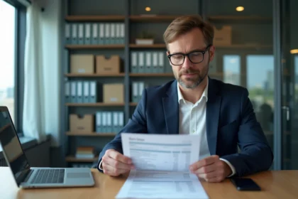 Homme d'affaires vérifiant un relevé bancaire dans un bureau moderne