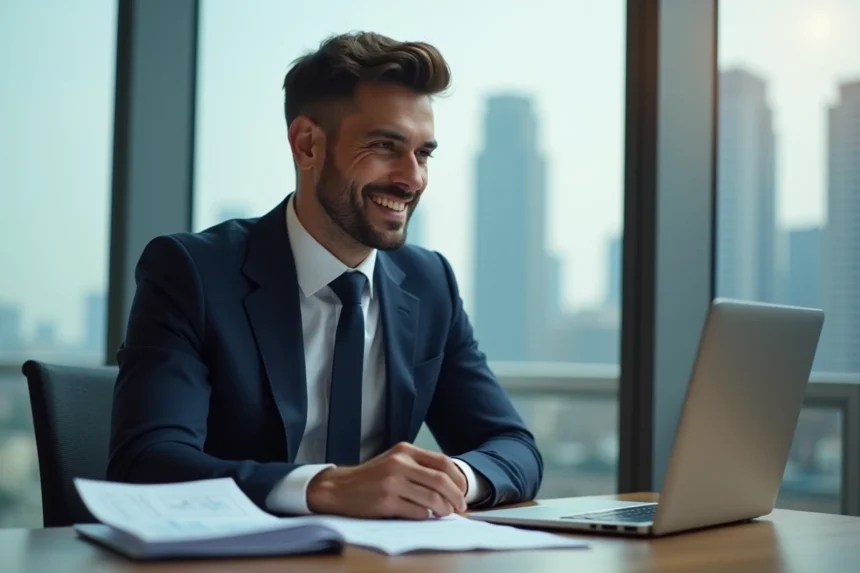 Homme d'affaires confiant dans un bureau avec vue sur La Défense