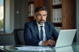 Homme en costume analyse des graphiques ETF dans un bureau moderne