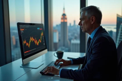 Homme d'affaires regardant des graphiques boursiers à Manhattan