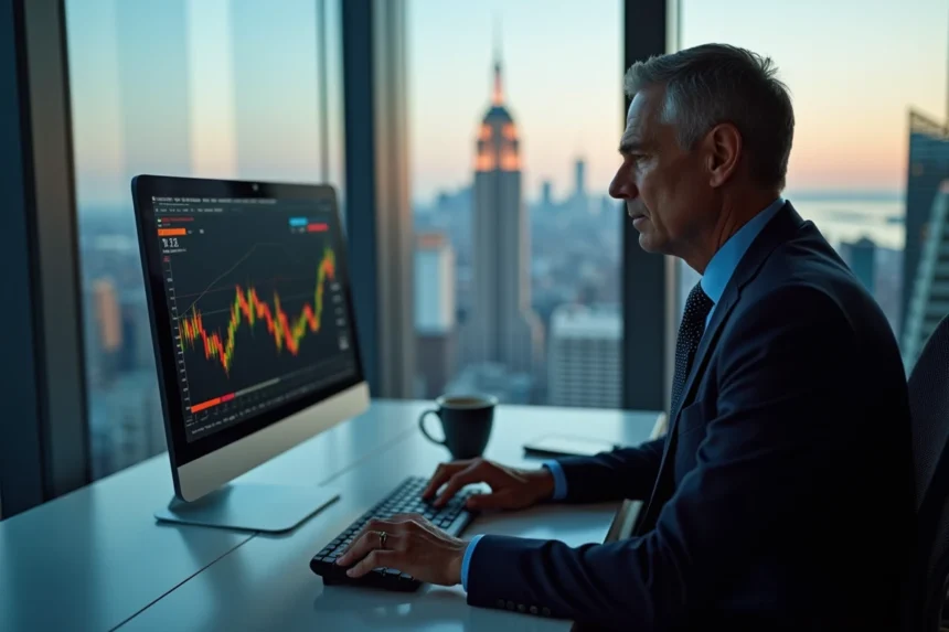 Homme d'affaires regardant des graphiques boursiers à Manhattan