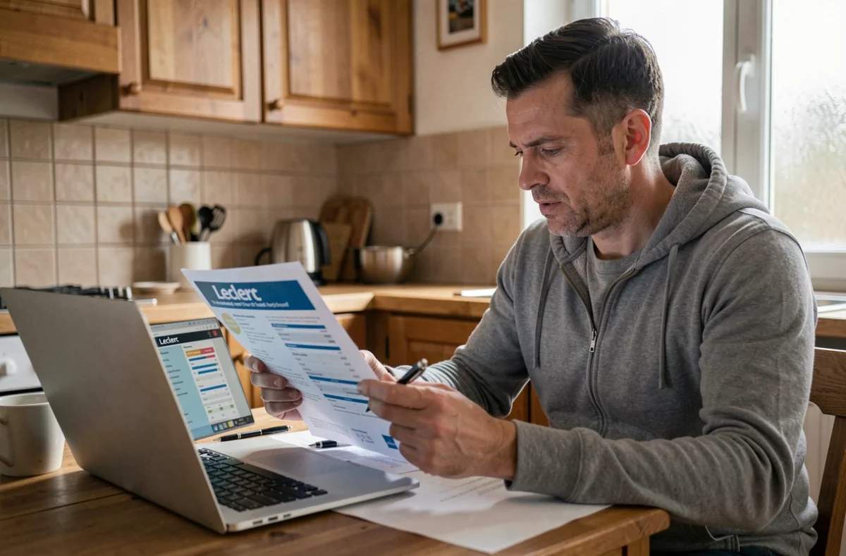 Homme comparant une offre de chèque différé Leclerc 2026 sur ordinateur et prospectus imprimé à la maison