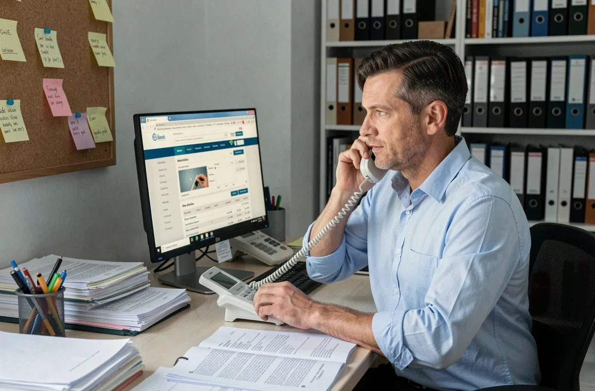 Homme au téléphone fixe consultant son espace client en ligne depuis son bureau à domicile pour contacter Cofidis