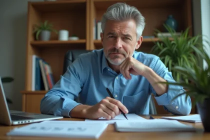 Homme d'âge moyen au bureau à domicile en tenue décontractée