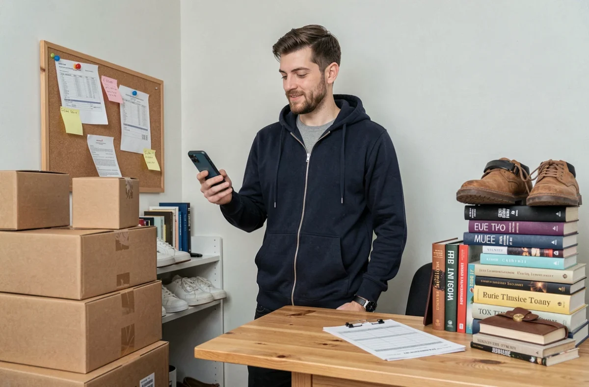 Homme dans un bureau à domicile entouré de colis et d'objets à revendre consultant son téléphone pour gérer ses déclarations fiscales liées aux ventes Vinted