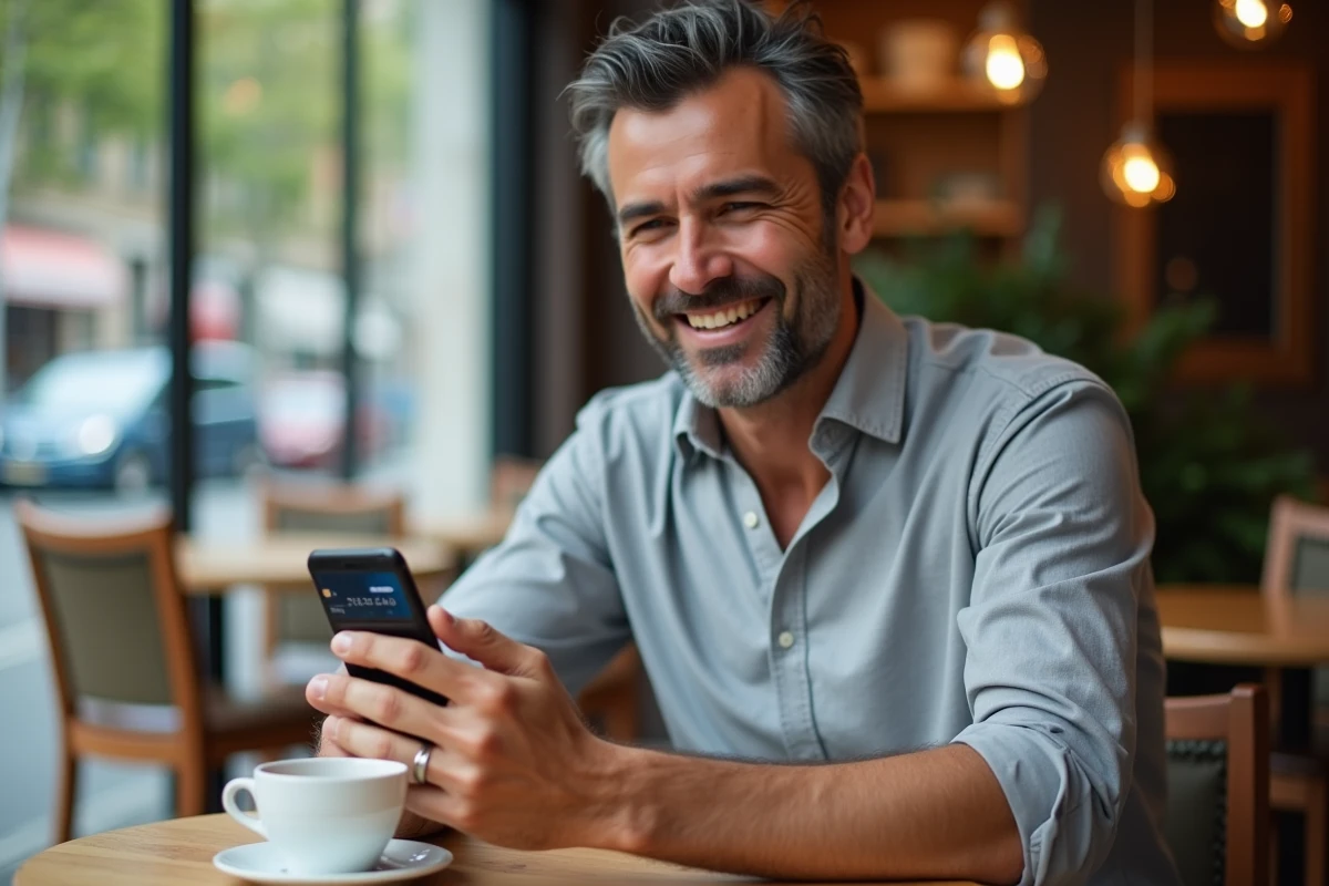 Homme consultant sa carte virtuelle Crédit Mutuel Virtualis sur smartphone dans un café parisien
