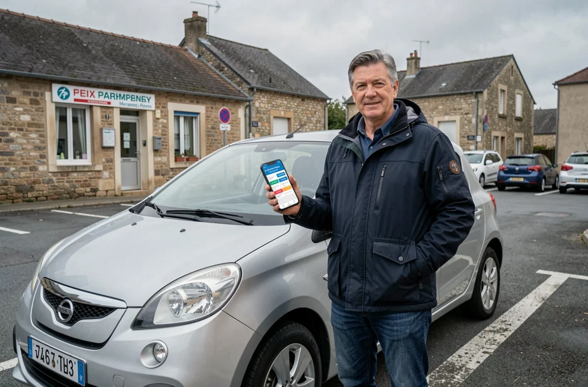 Homme comparant des offres d'assurance auto sur smartphone à Challans