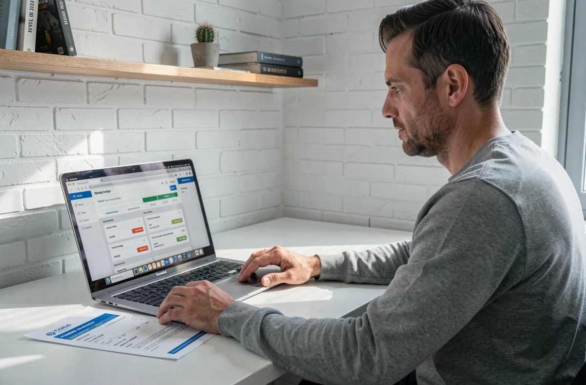 Homme comparant des offres d'assurance de prêt immobilier sur ordinateur depuis son bureau à domicile