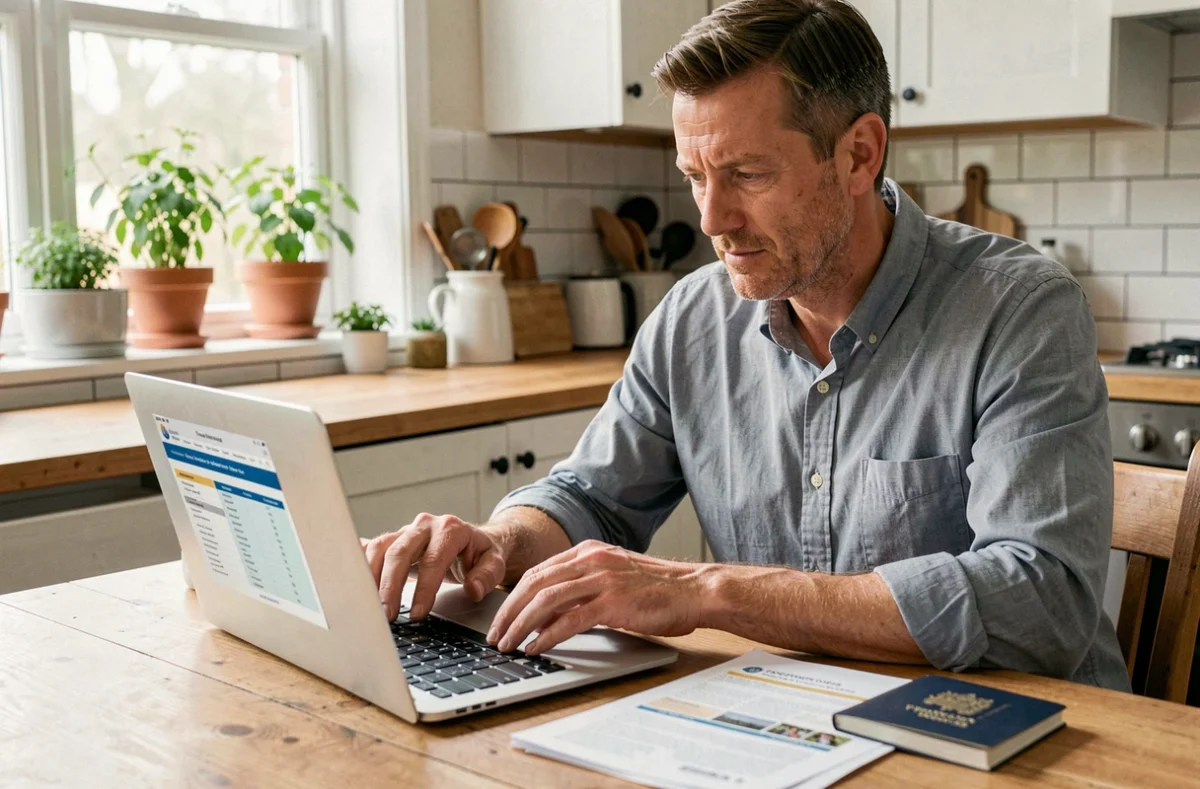 Homme comparant des offres d'assurance voyage sur un ordinateur portable avant un voyage à l'étranger