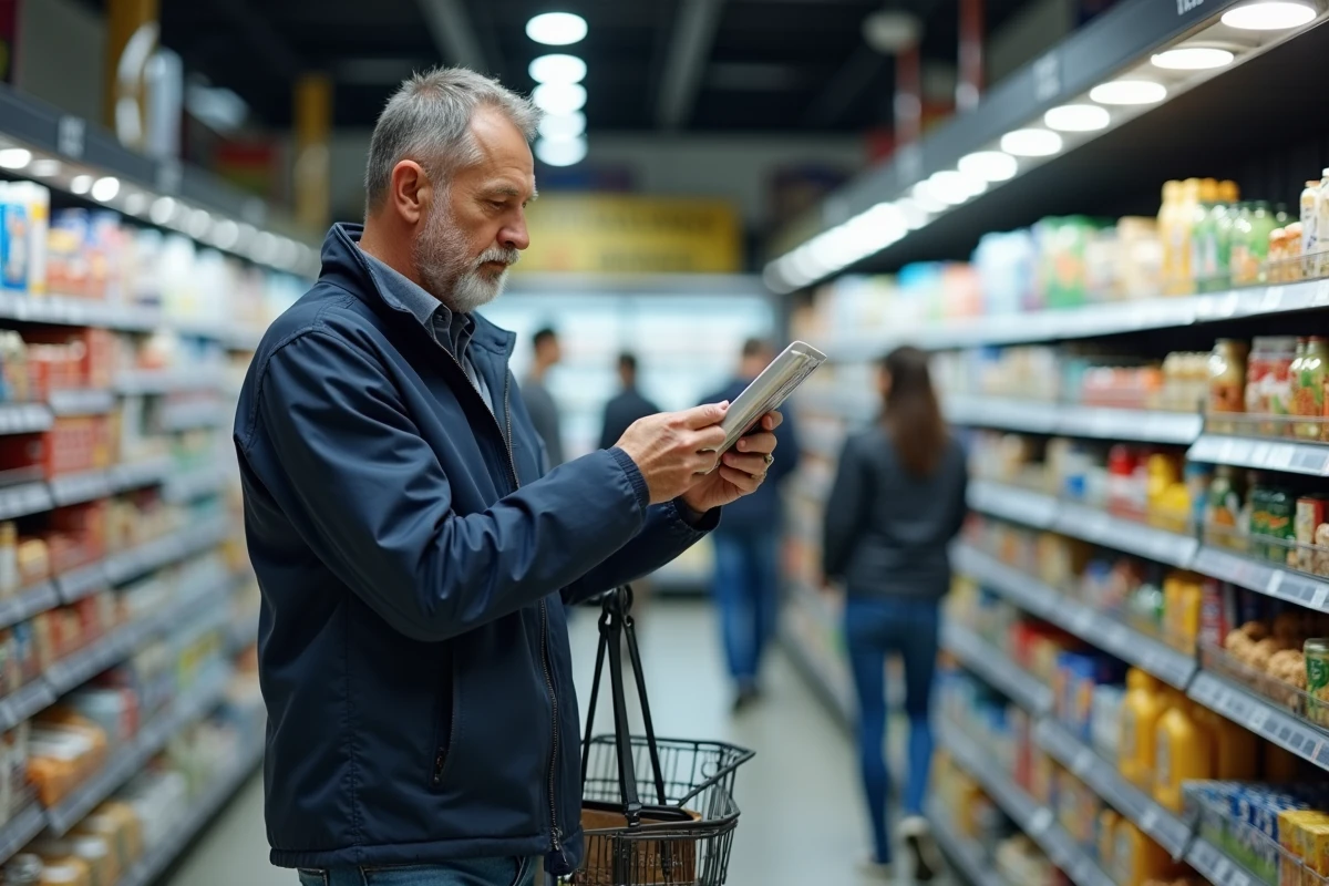 Homme comparant les étiquettes de produits dans un supermarché pour faire des économies sur ses achats courants